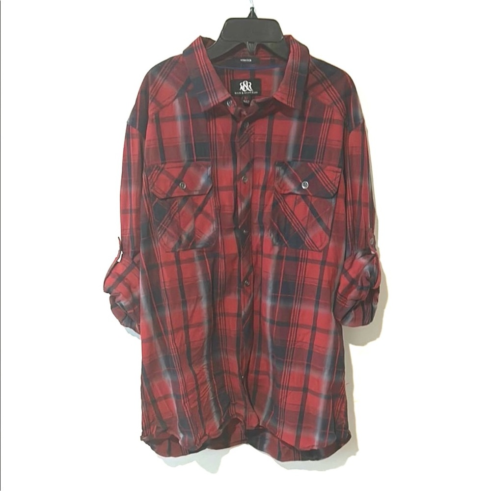 Rock & Republic Mens Size XL Stretch Red and Black Plaid Button-Up Shirt